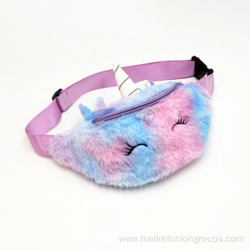 Hot Sale Little Girl Warm Colorful Rainbow Plush Soft Unicorn Fanny Pack Kids Bum Bags Ladies Cute Waist Bag